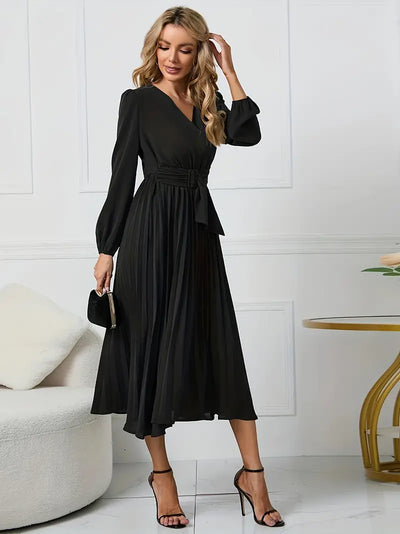 Angela - Plain midi dress with neckline and belt