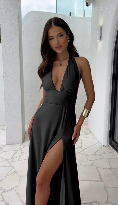 Vivienne - Sexy deep v neck split solid color dress