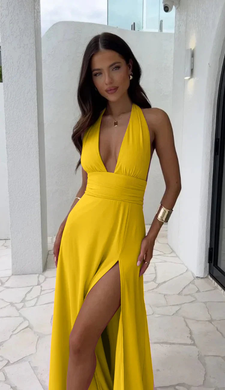 Vivienne - Sexy deep v neck split solid color dress