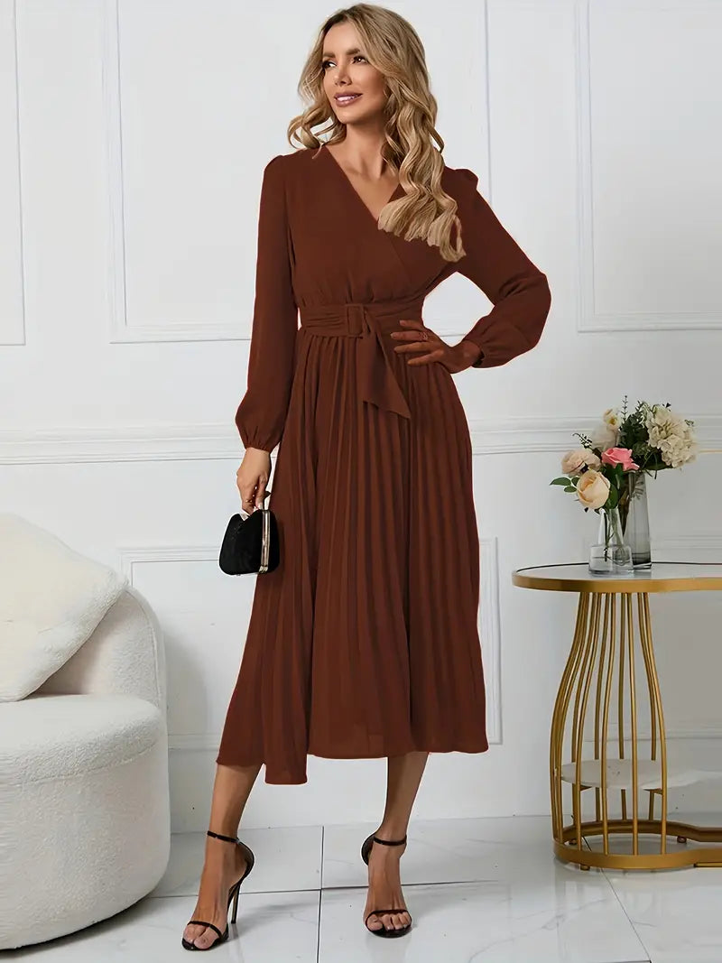 Angela - Plain midi dress with neckline and belt