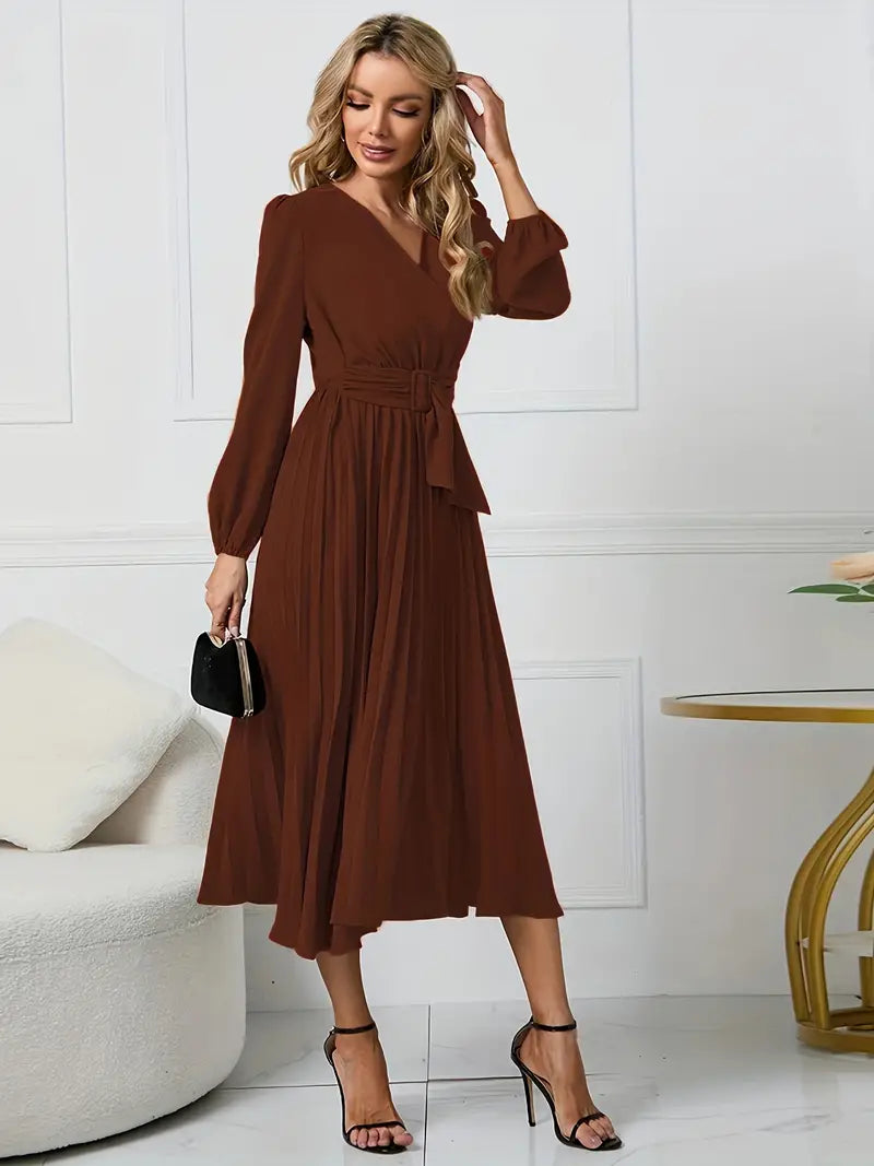 Angela - Plain midi dress with neckline and belt