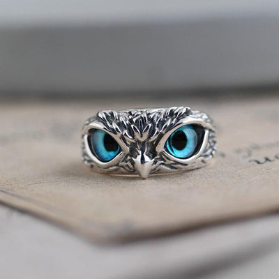 Owl of Good Luck Adjustable Ring in Silver and Opal